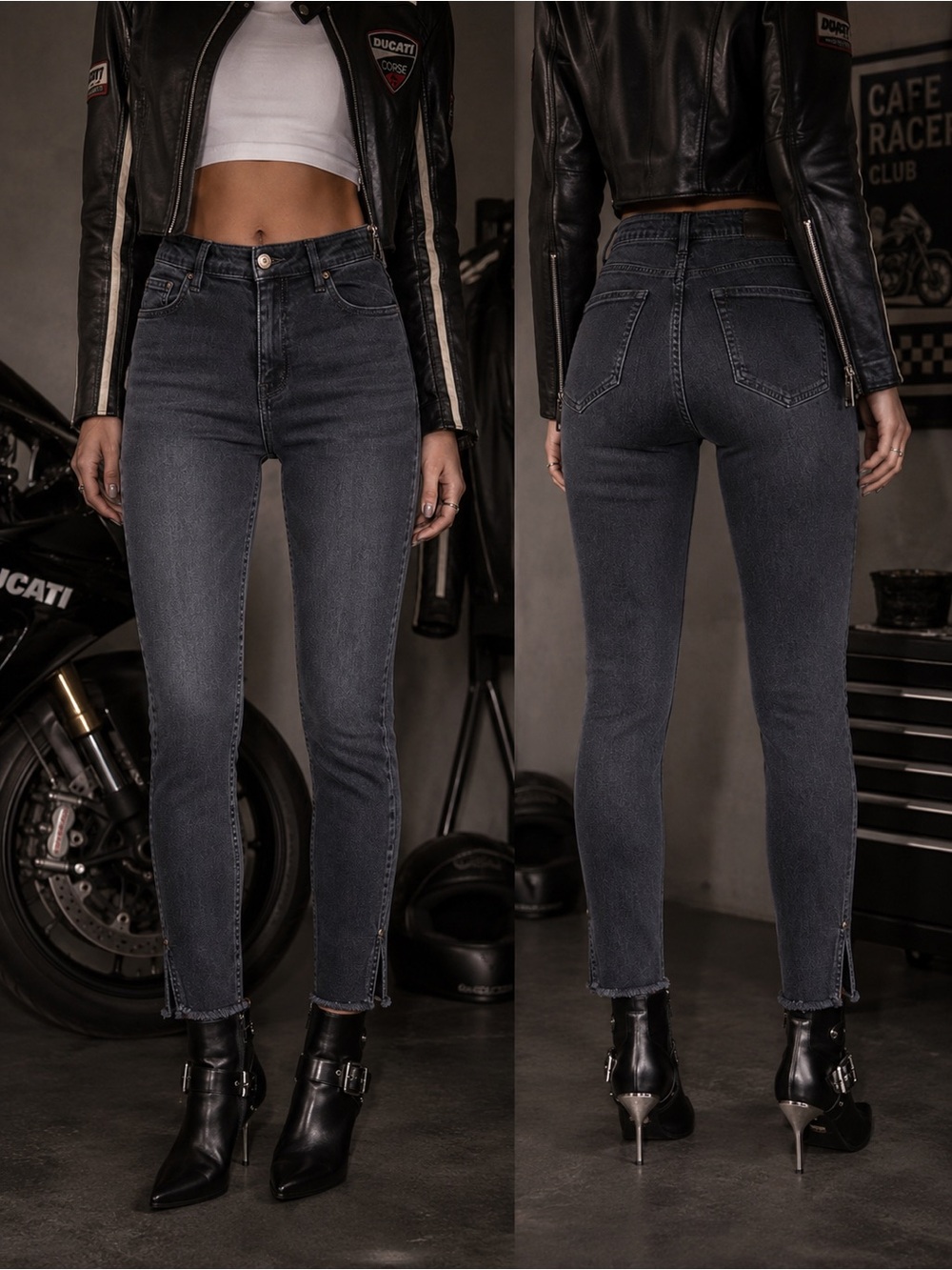 Stonefield Dark Wash Cropped Straight Jeans Raw Hem Side Slit Rivet Detail